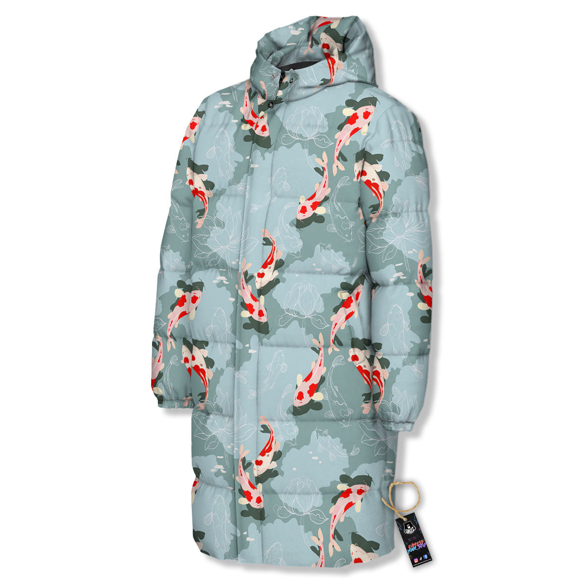 Fish Koi Print Pattern Long Down Jacket-grizzshop