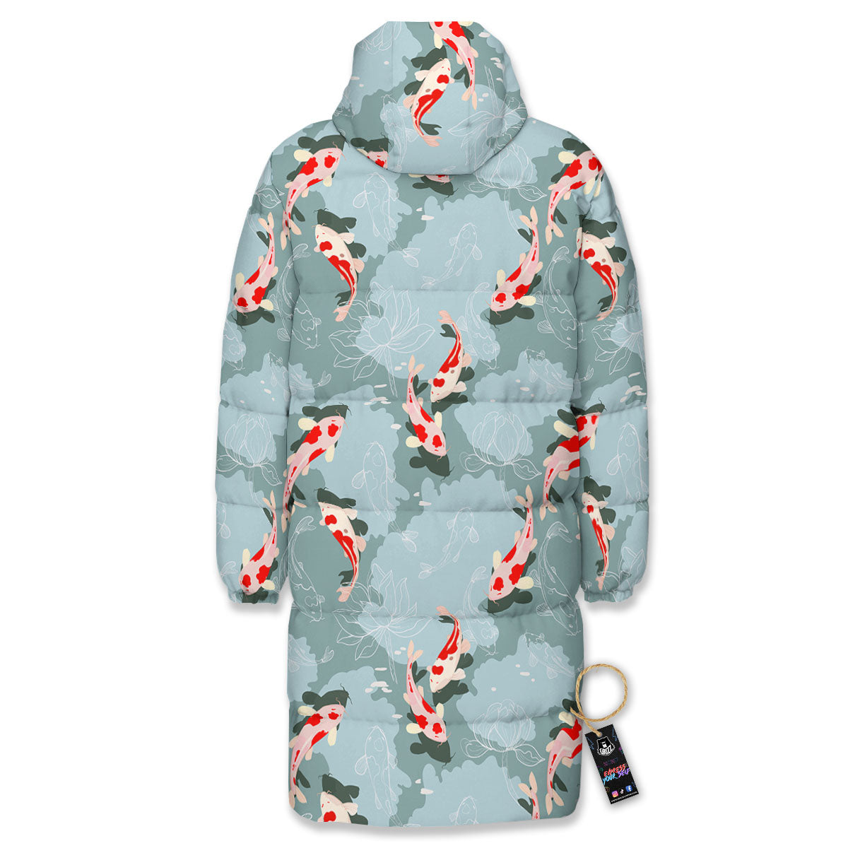 Fish Koi Print Pattern Long Down Jacket-grizzshop