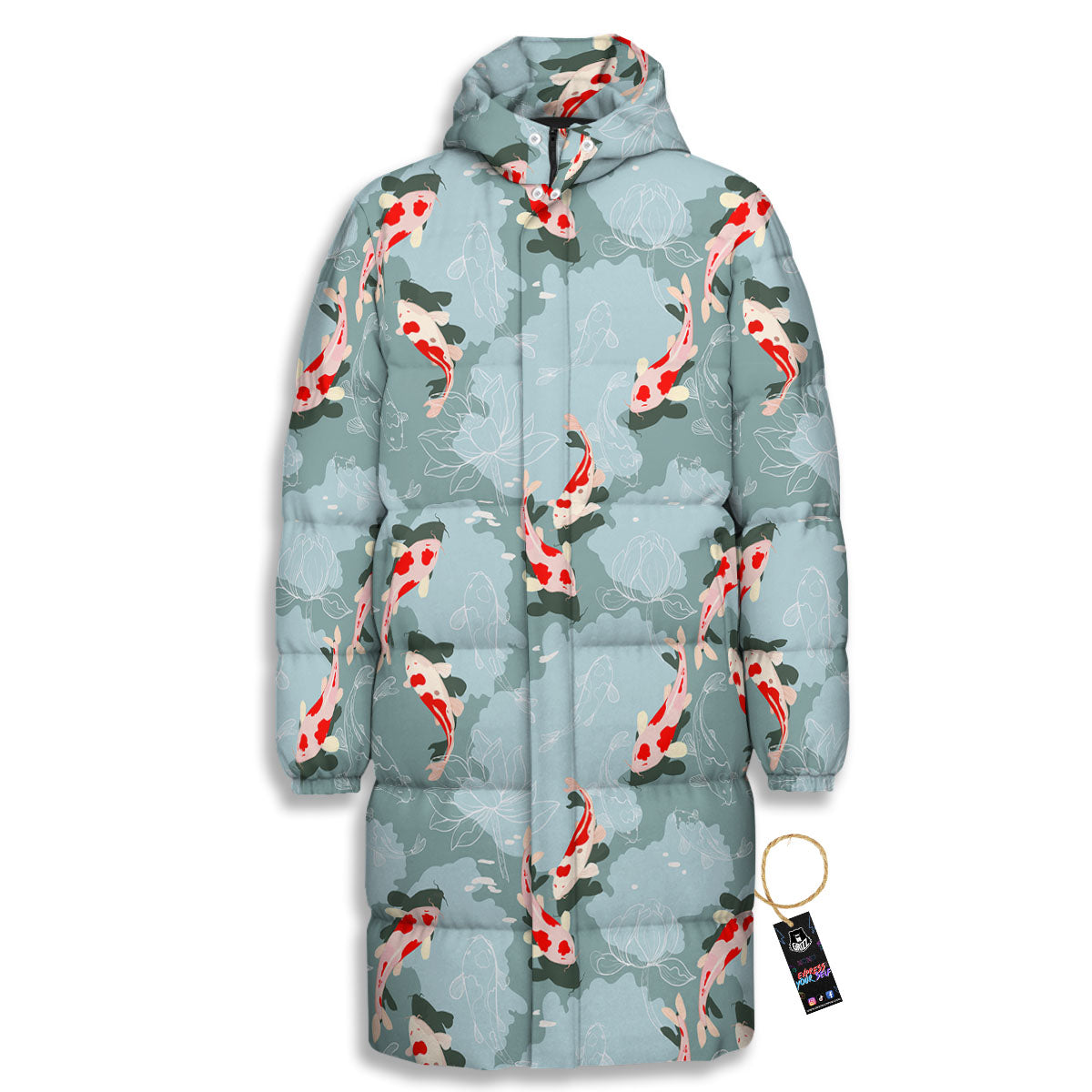 Fish Koi Print Pattern Long Down Jacket-grizzshop