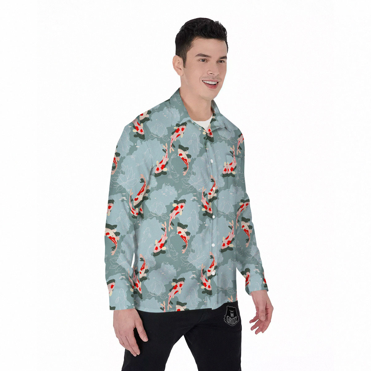 Fish Koi Print Pattern Men's Long Sleeve Shirts-grizzshop