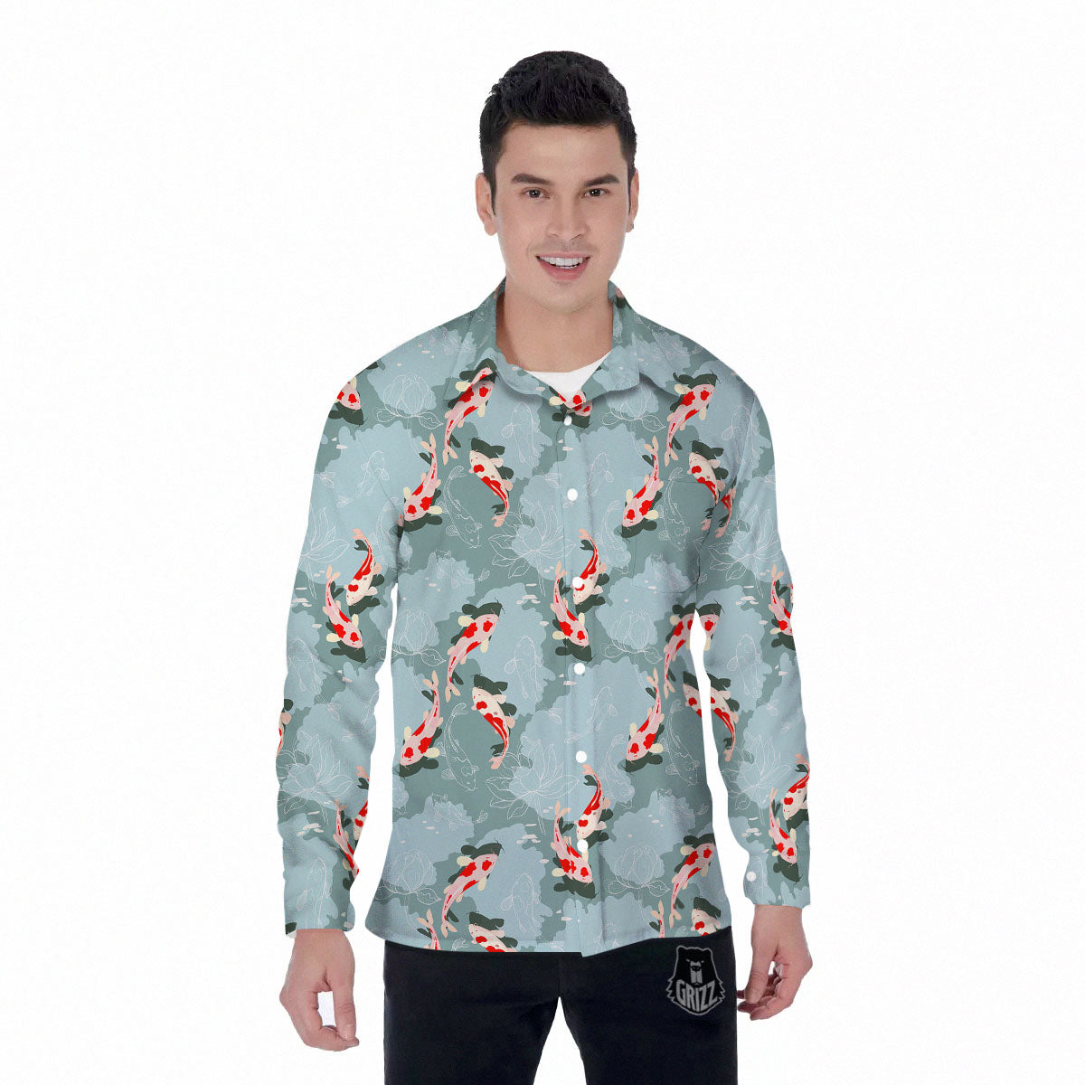 Fish Koi Print Pattern Men's Long Sleeve Shirts-grizzshop