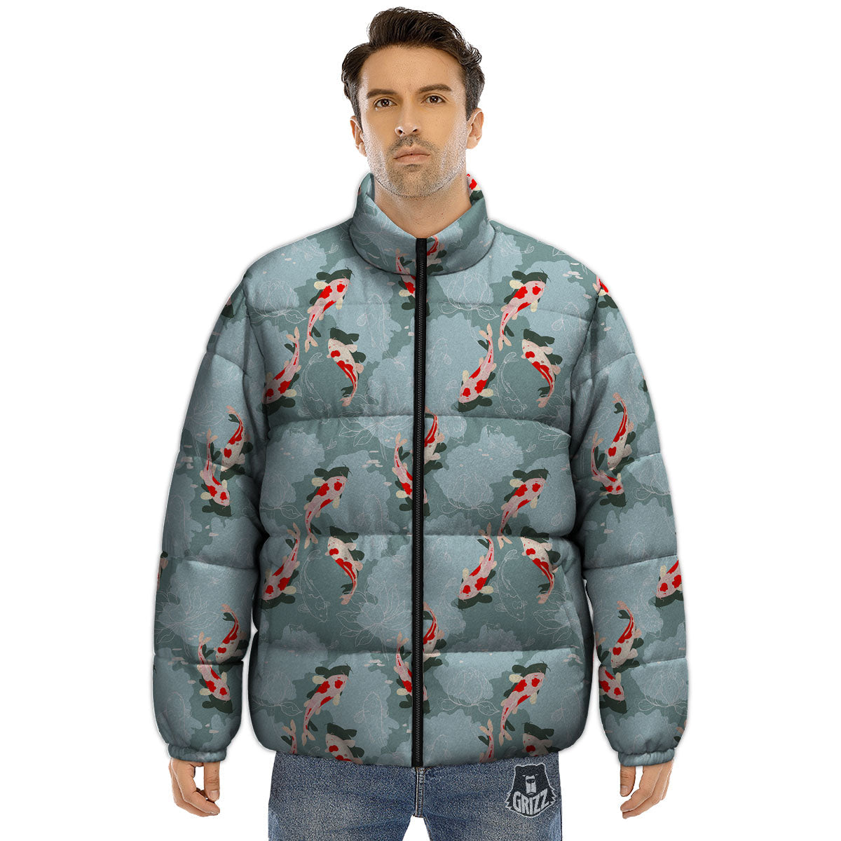 Fish Koi Print Pattern Puffer Jacket-grizzshop