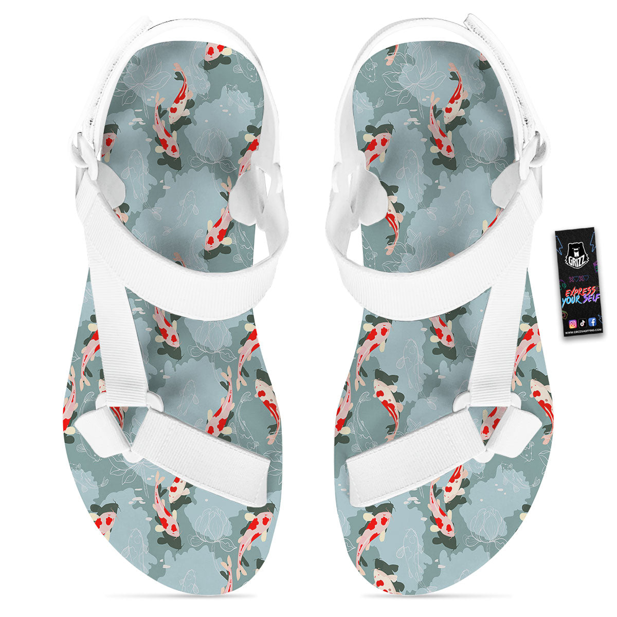 Fish Koi Print Pattern White Open Toe Sandals-grizzshop