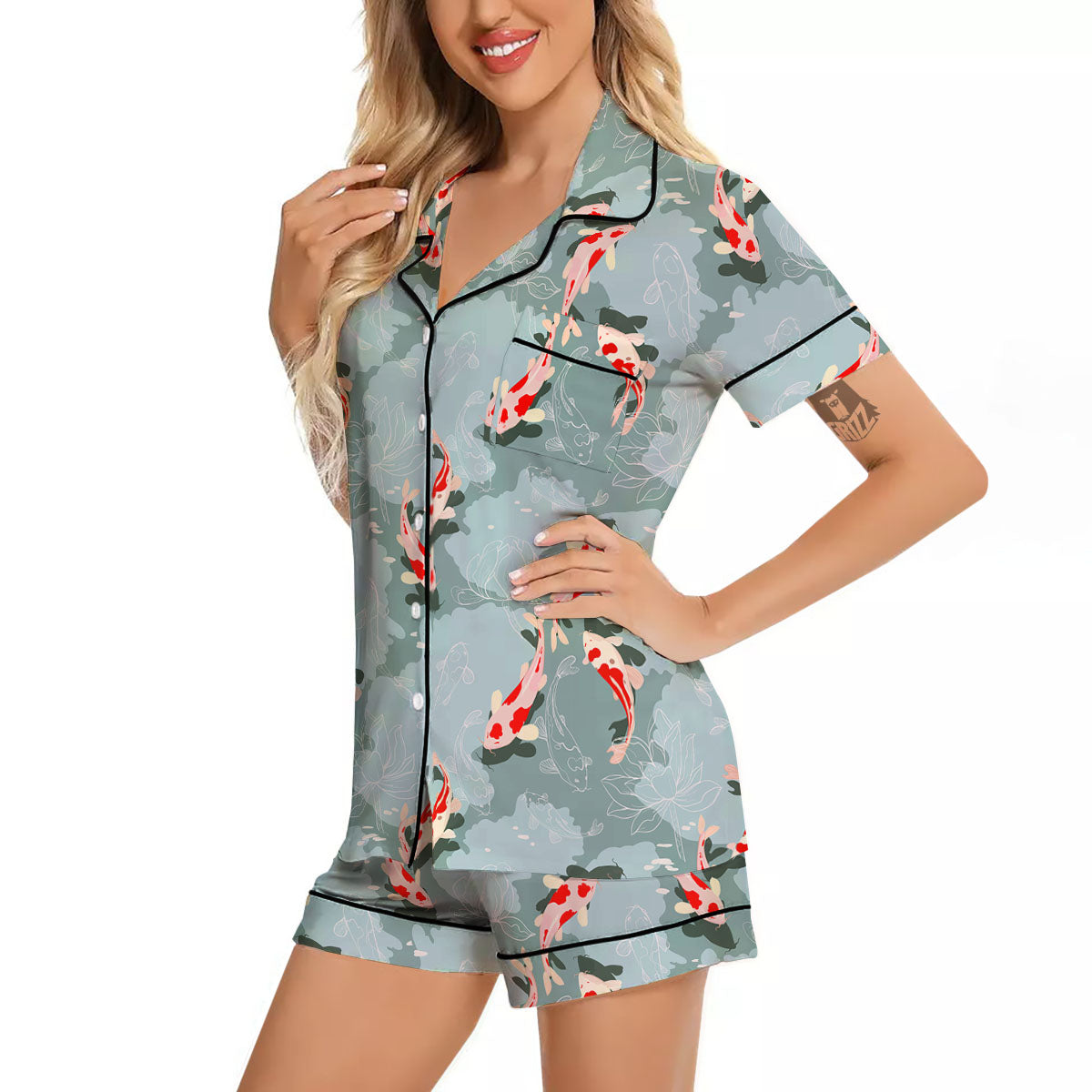 Fish Koi Print Pattern Women Silk Pajamas-grizzshop