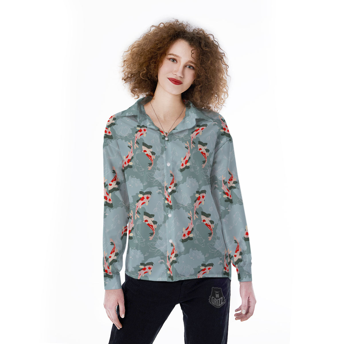 Fish Koi Print Pattern Women's Long Sleeve Shirts-grizzshop