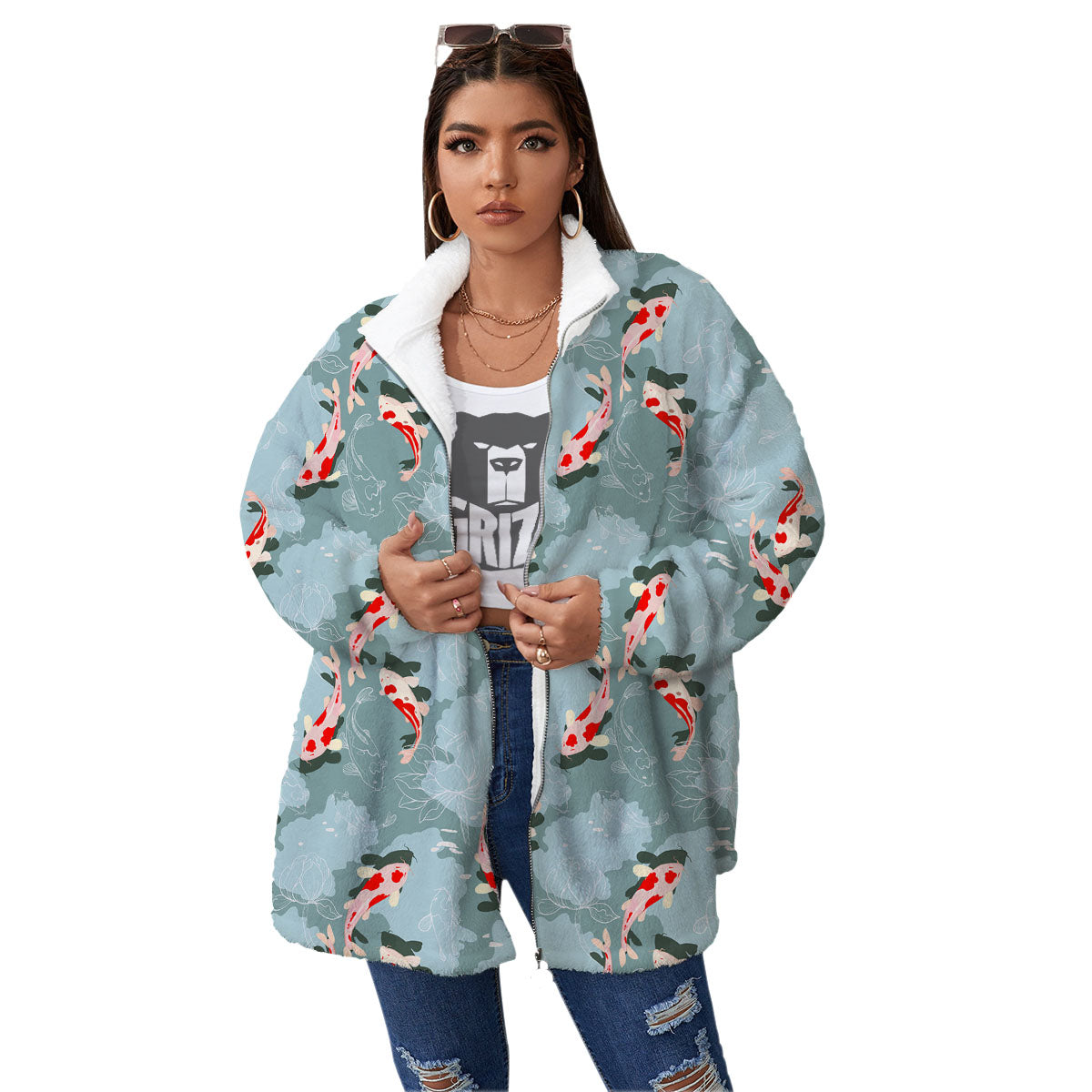 Fish Koi Print Pattern Women's Sherpa Jacket-grizzshop
