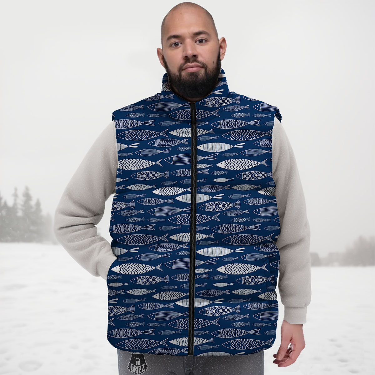 Fish Ornamental Print Pattern Down Vest