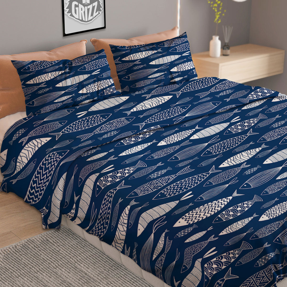 Fish Ornamental Print Pattern Duvet Cover Bedding Set