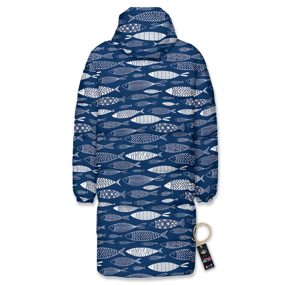 Fish Ornamental Print Pattern Long Down Jacket-grizzshop