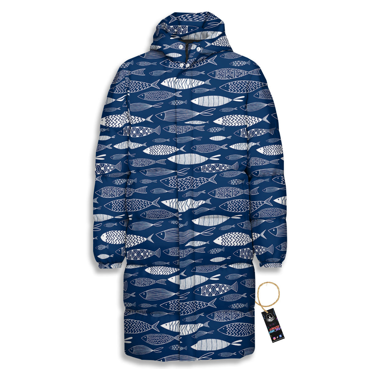 Fish Ornamental Print Pattern Long Down Jacket-grizzshop