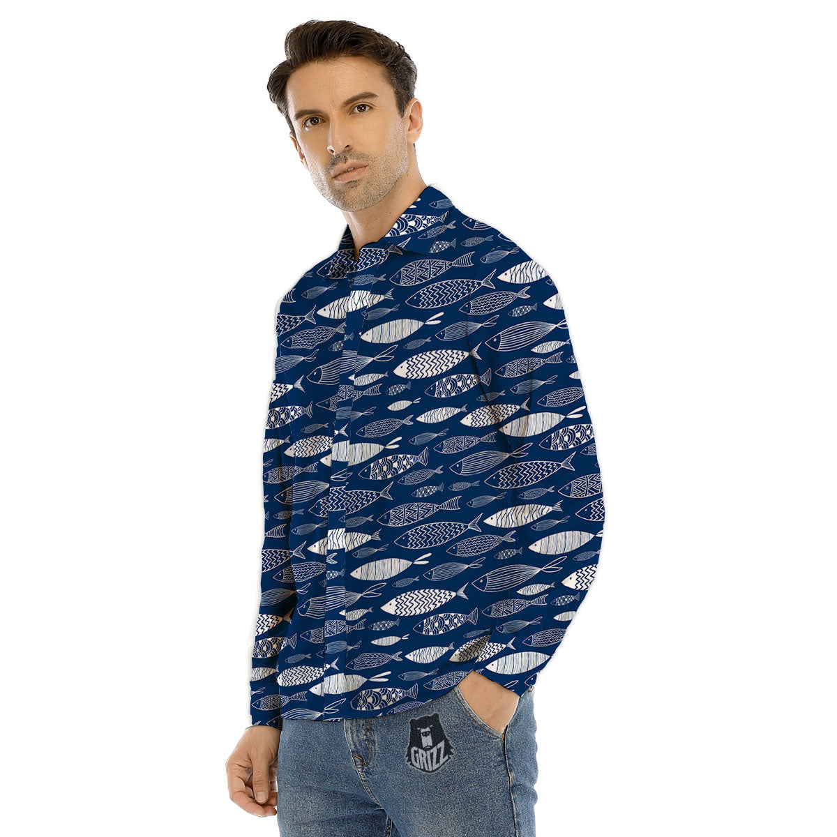 Fish Ornamental Print Pattern Men's Dress Shirts-grizzshop