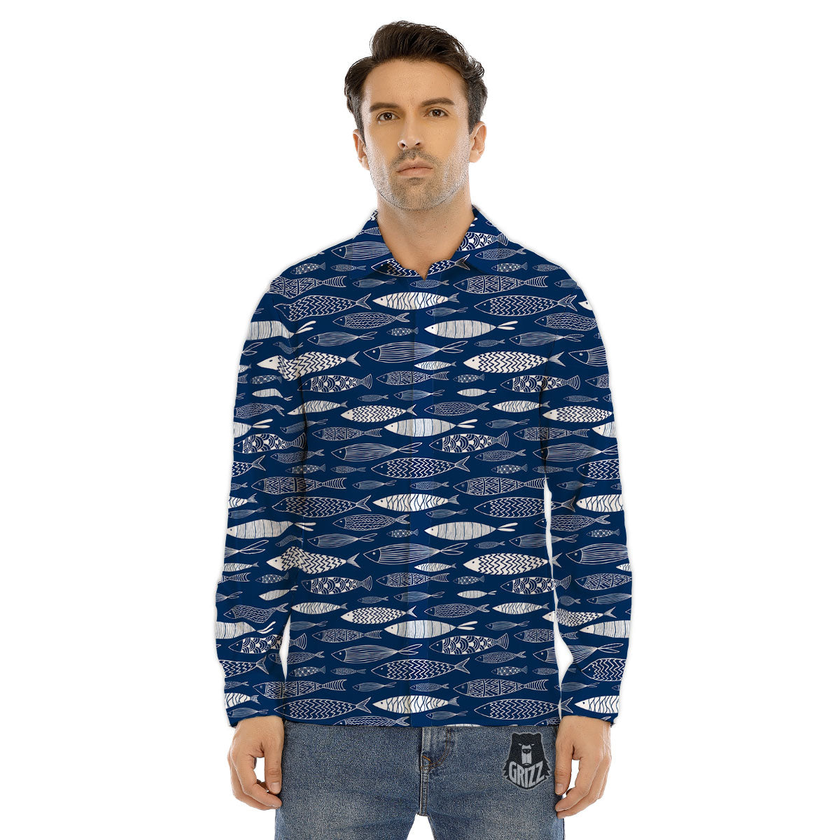 Fish Ornamental Print Pattern Men's Dress Shirts-grizzshop