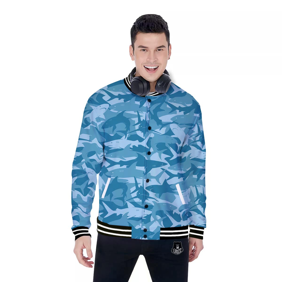 Fish Shark Print Pattern Baseball Jacket-grizzshop