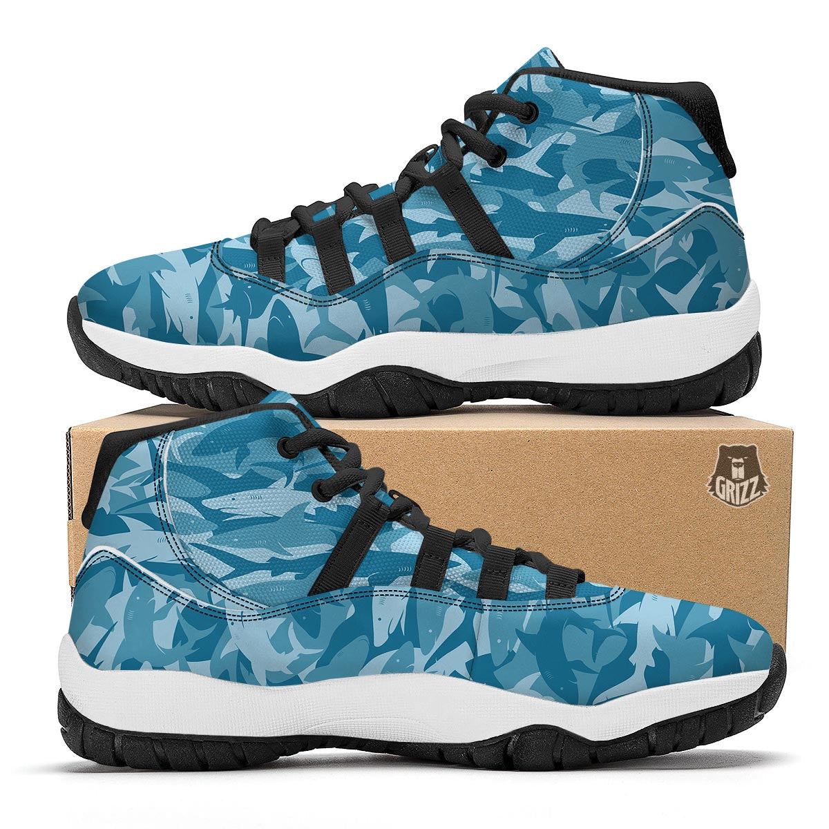 Fish Shark Print Pattern Black Bball Shoes-grizzshop