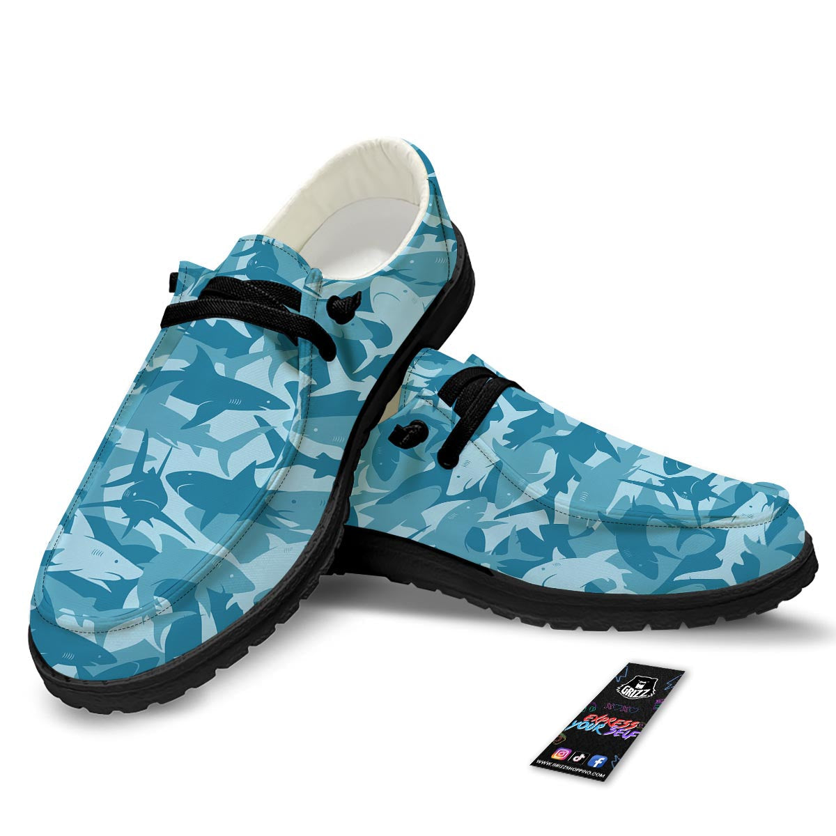Fish Shark Print Pattern Black Loafers-grizzshop