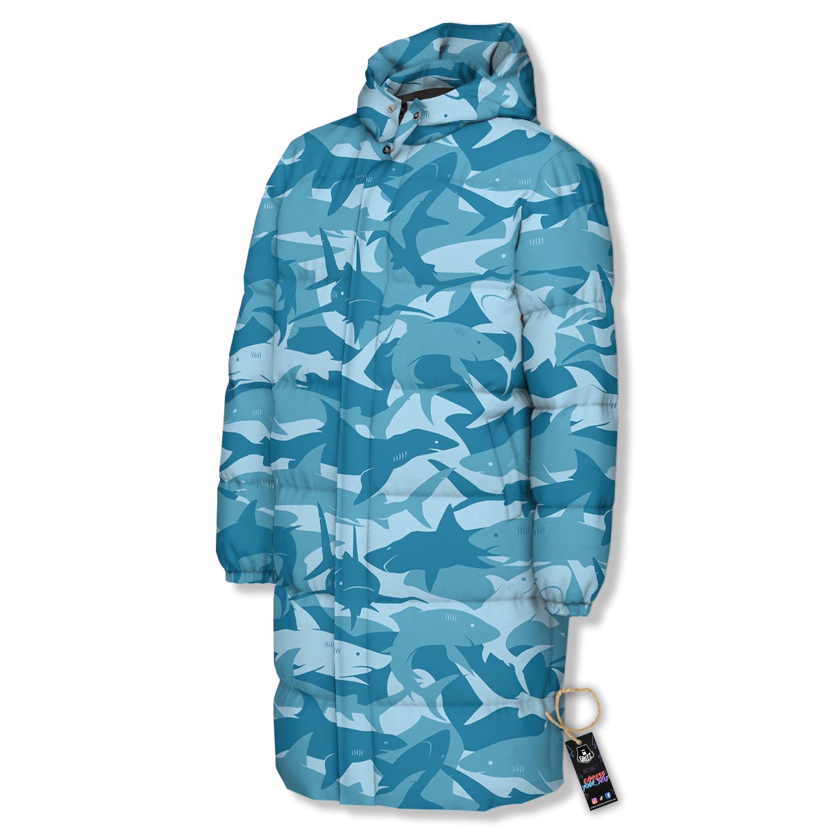 Fish Shark Print Pattern Long Down Jacket-grizzshop