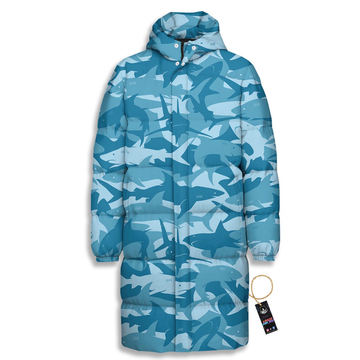 Fish Shark Print Pattern Long Down Jacket-grizzshop