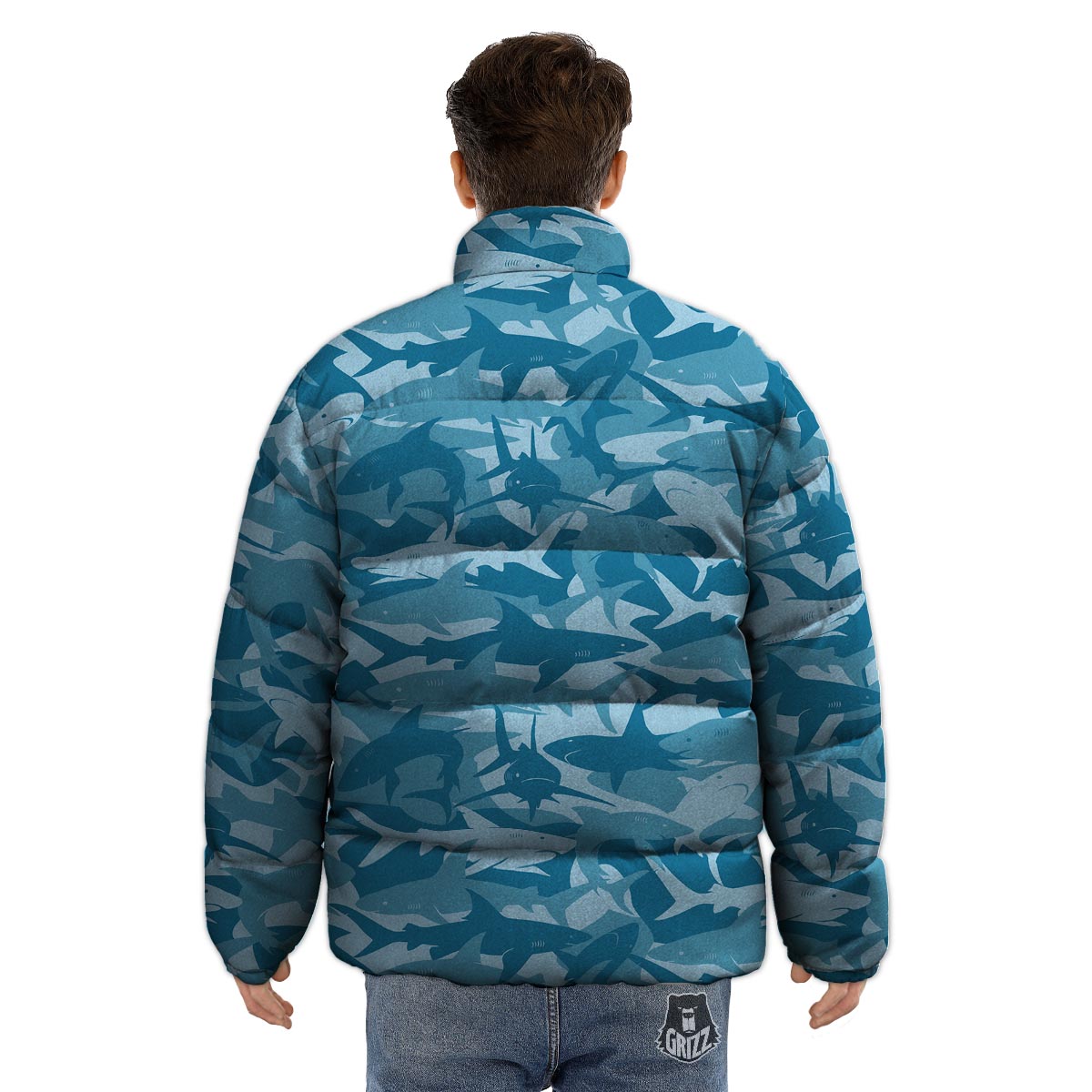 Fish Shark Print Pattern Puffer Jacket-grizzshop