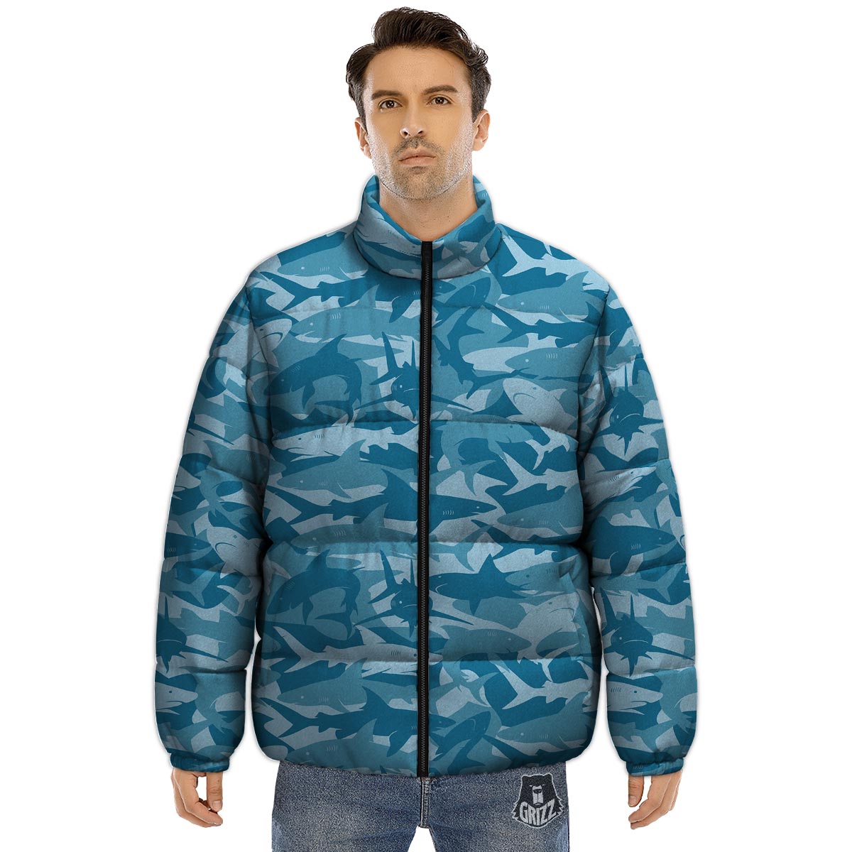 Fish Shark Print Pattern Puffer Jacket-grizzshop