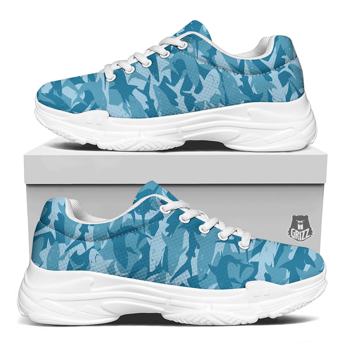 Fish Shark Print Pattern White Chunky Shoes-grizzshop