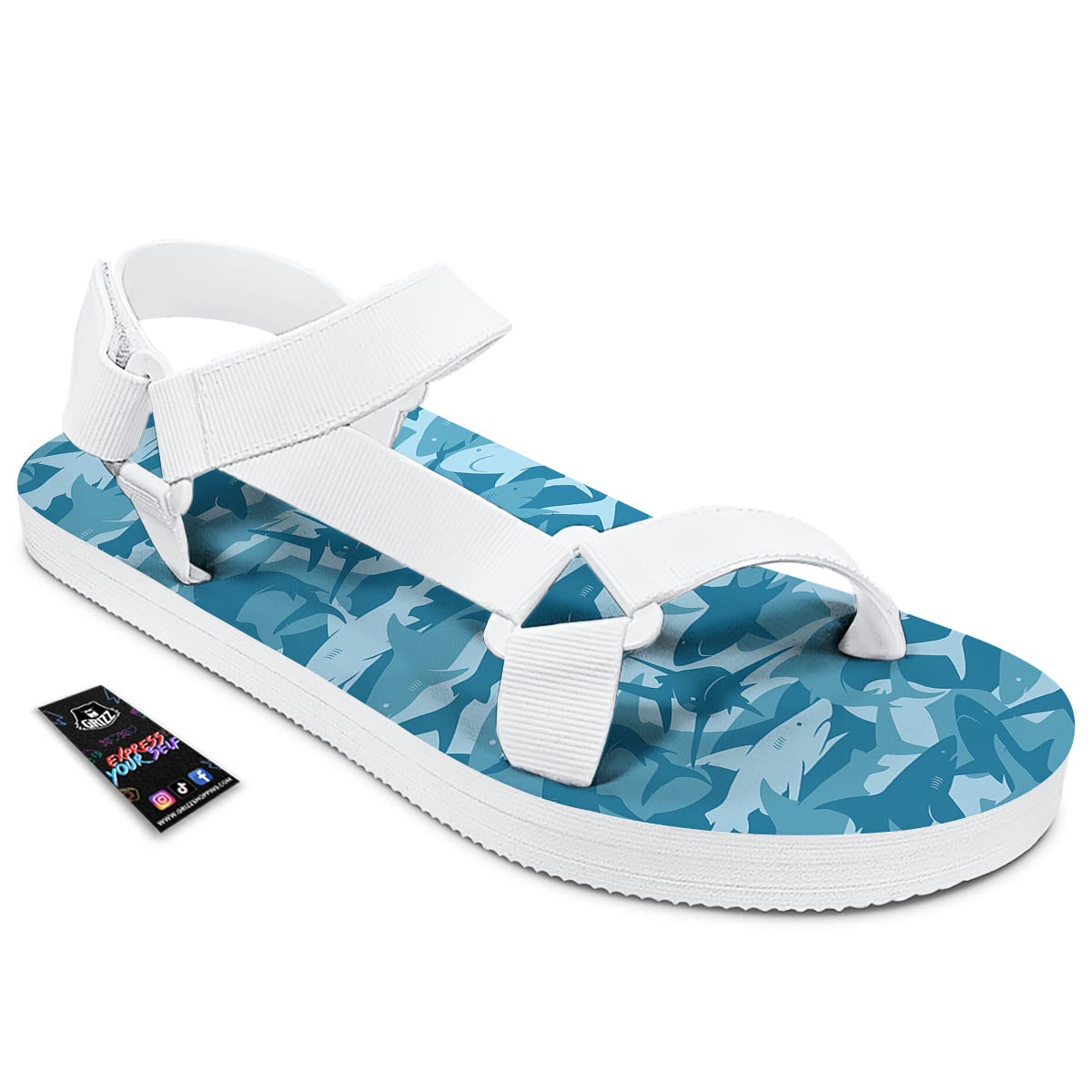 Fish Shark Print Pattern White Open Toe Sandals-grizzshop