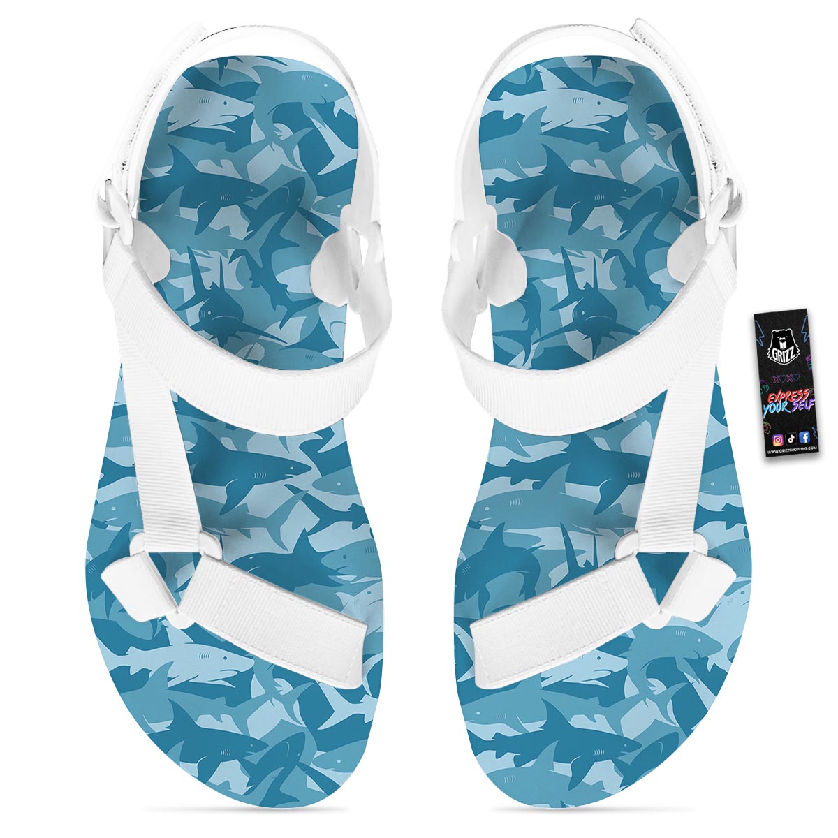 Fish Shark Print Pattern White Open Toe Sandals-grizzshop