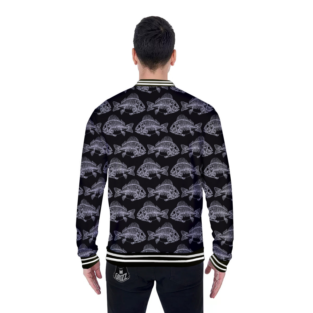 Fish Skeleton Print Pattern Baseball Jacket-grizzshop