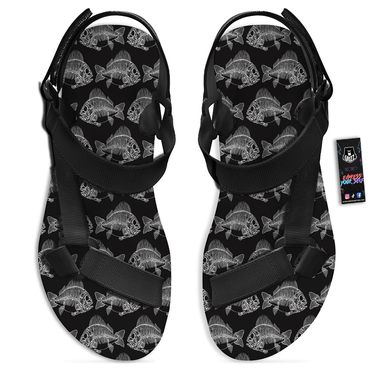 Fish Skeleton Print Pattern Black Open Toe Sandals-grizzshop