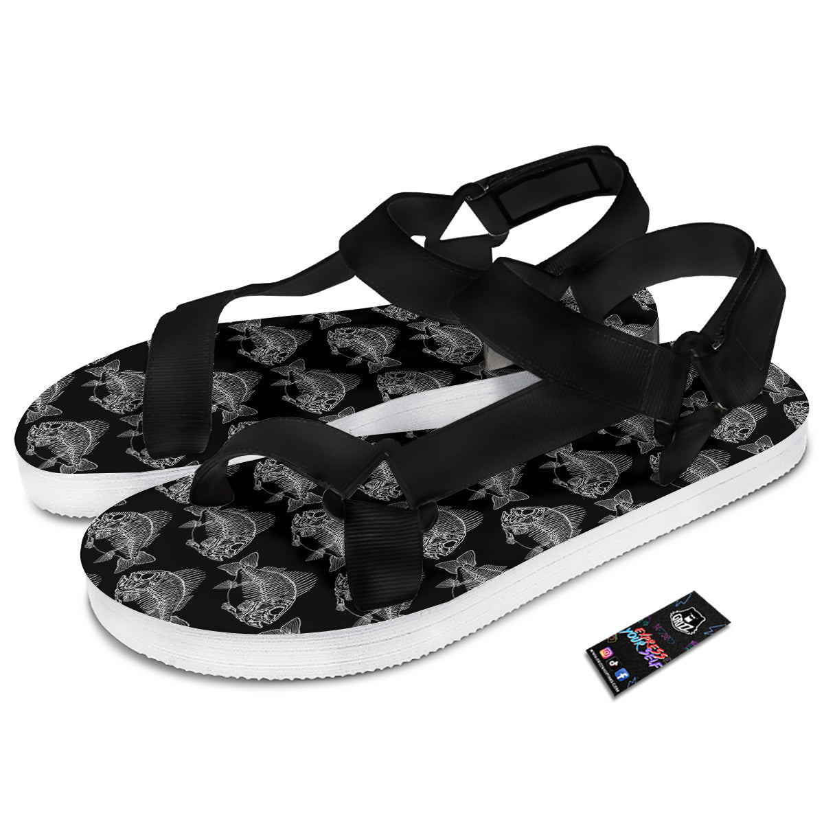 Fish Skeleton Print Pattern Black Open Toe Sandals-grizzshop