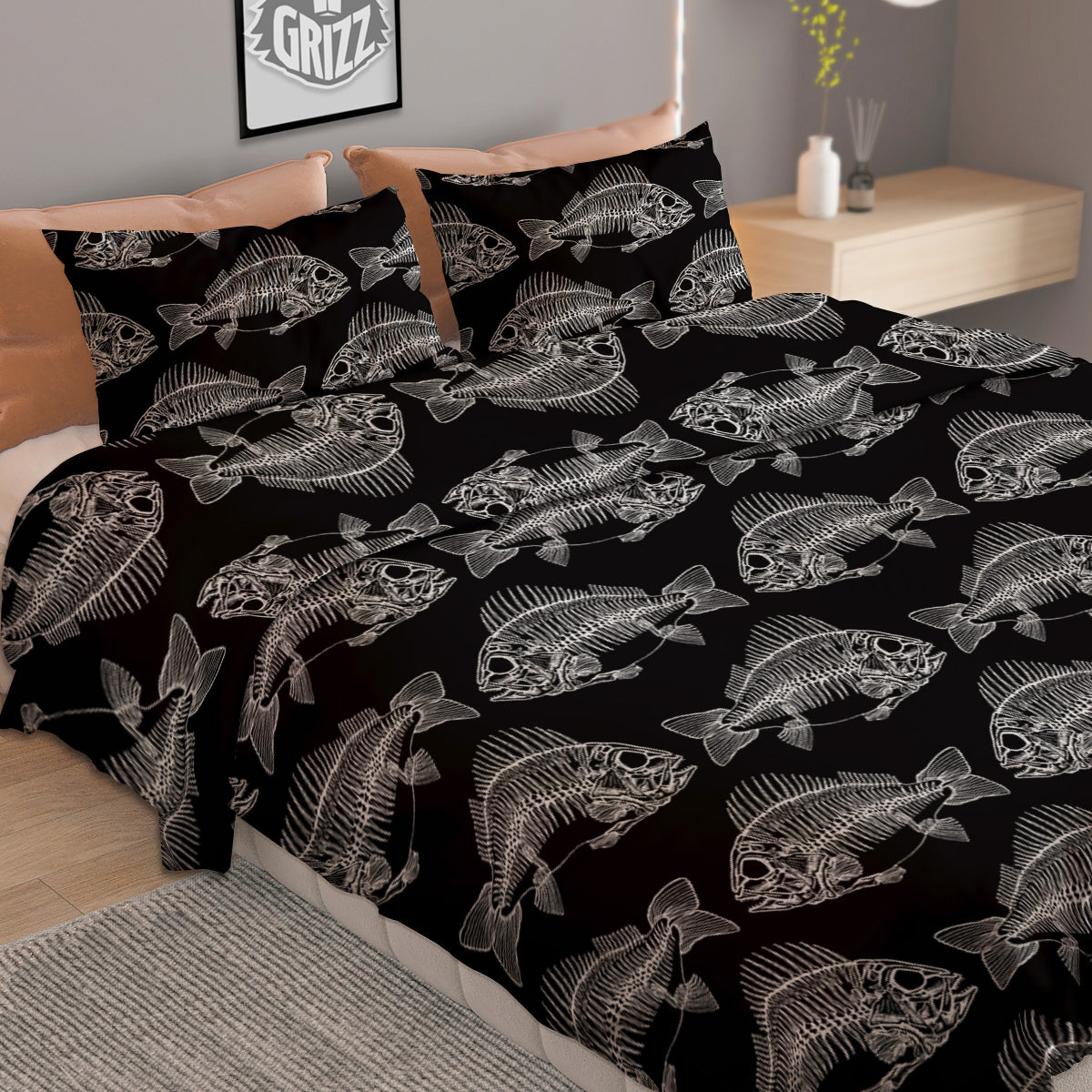 Fish Skeleton Print Pattern Duvet Cover Bedding Set