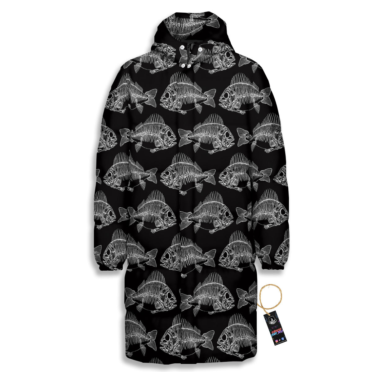 Fish Skeleton Print Pattern Long Down Jacket-grizzshop
