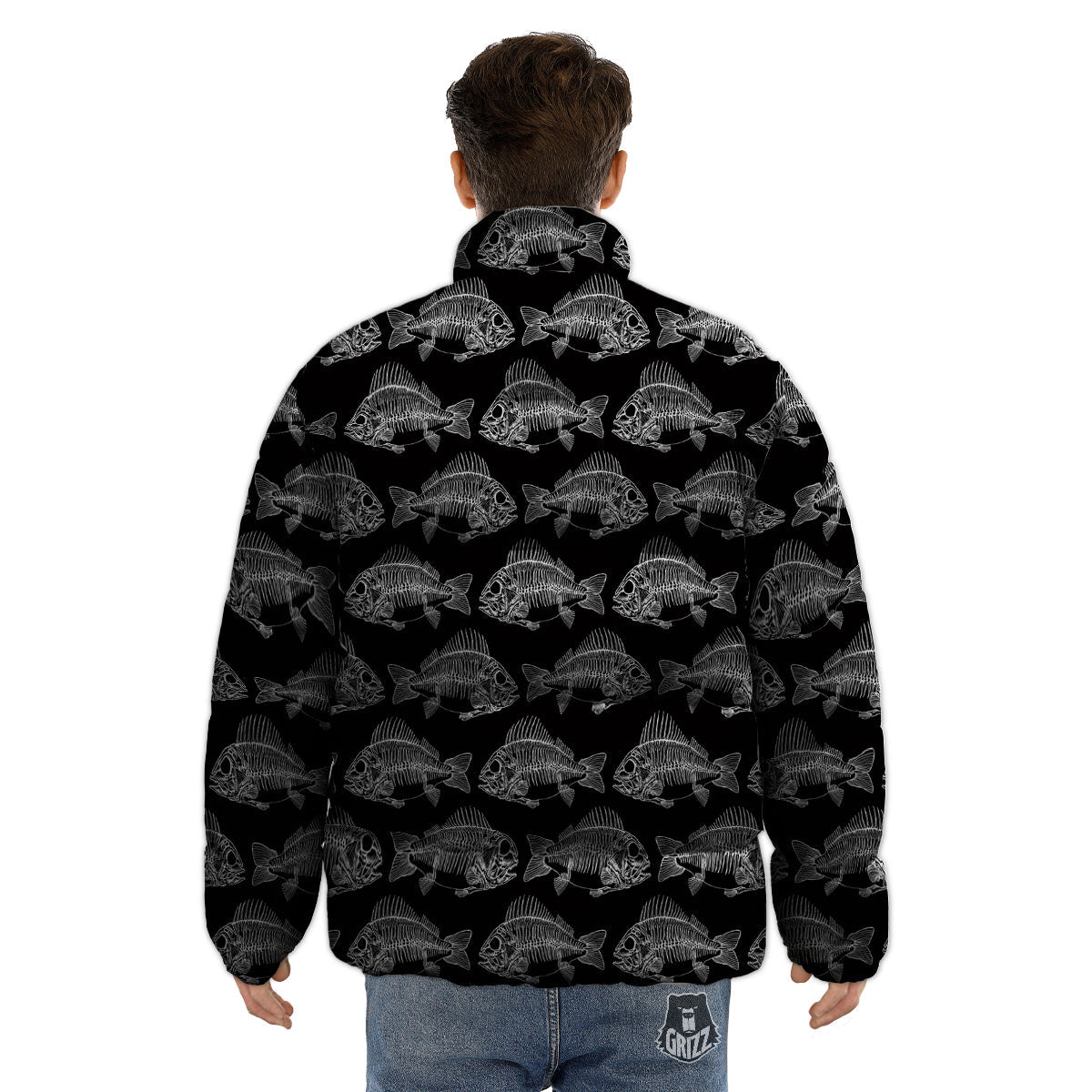 Fish Skeleton Print Pattern Puffer Jacket-grizzshop
