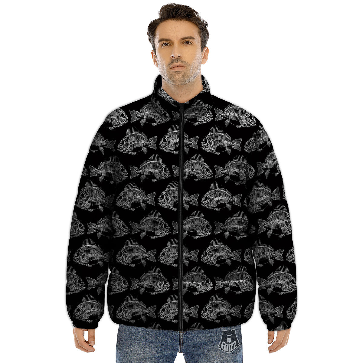 Fish Skeleton Print Pattern Puffer Jacket-grizzshop