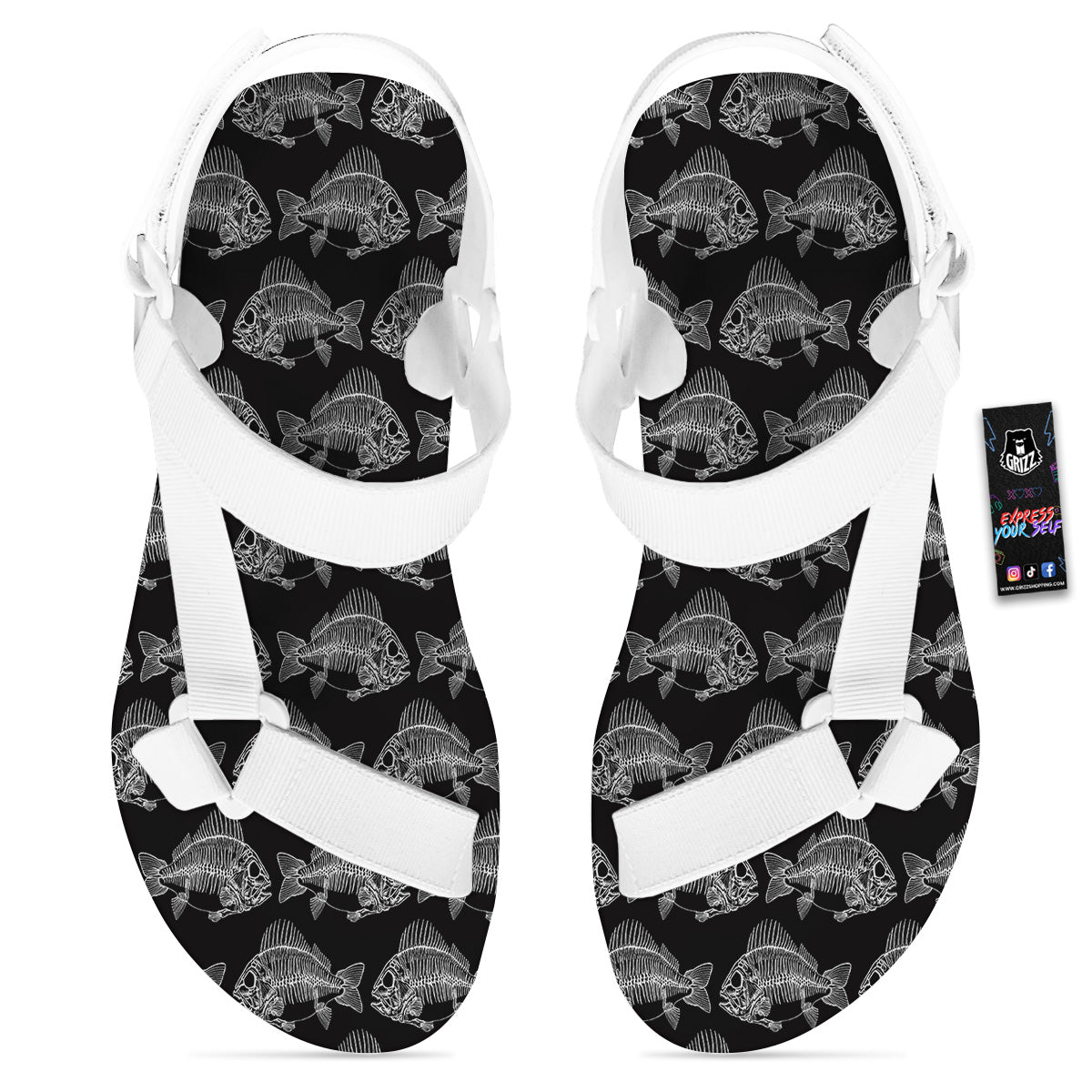 Fish Skeleton Print Pattern White Open Toe Sandals-grizzshop