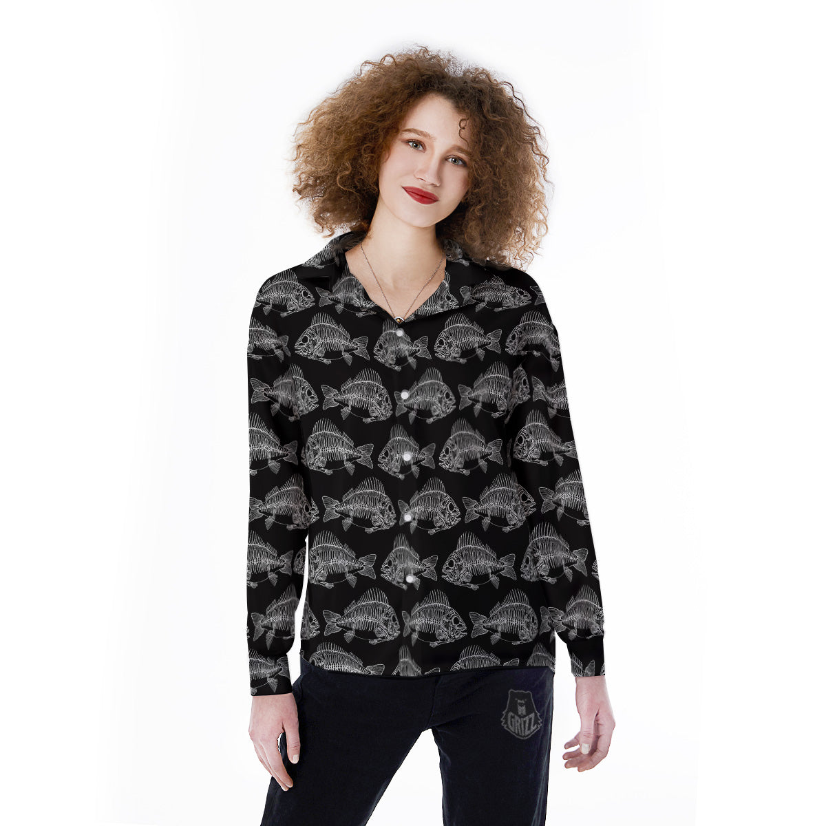 Fish Skeleton Print Pattern Women's Long Sleeve Shirts-grizzshop