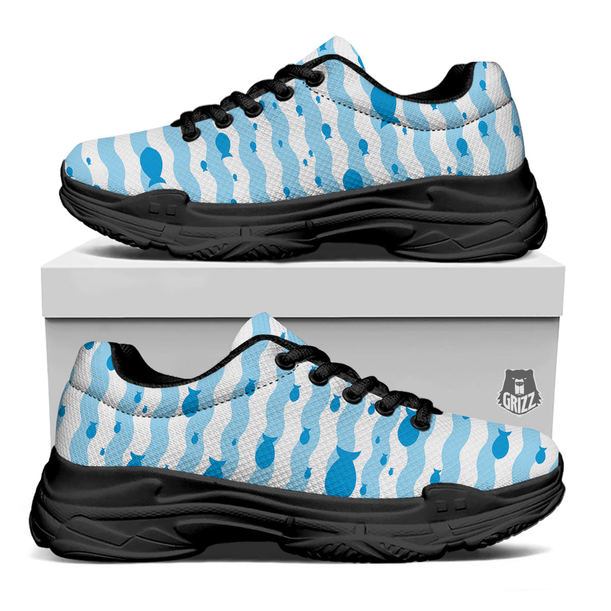 Fish Swimming In Blue Sea Print Pattern Black Chunky Shoes-grizzshop