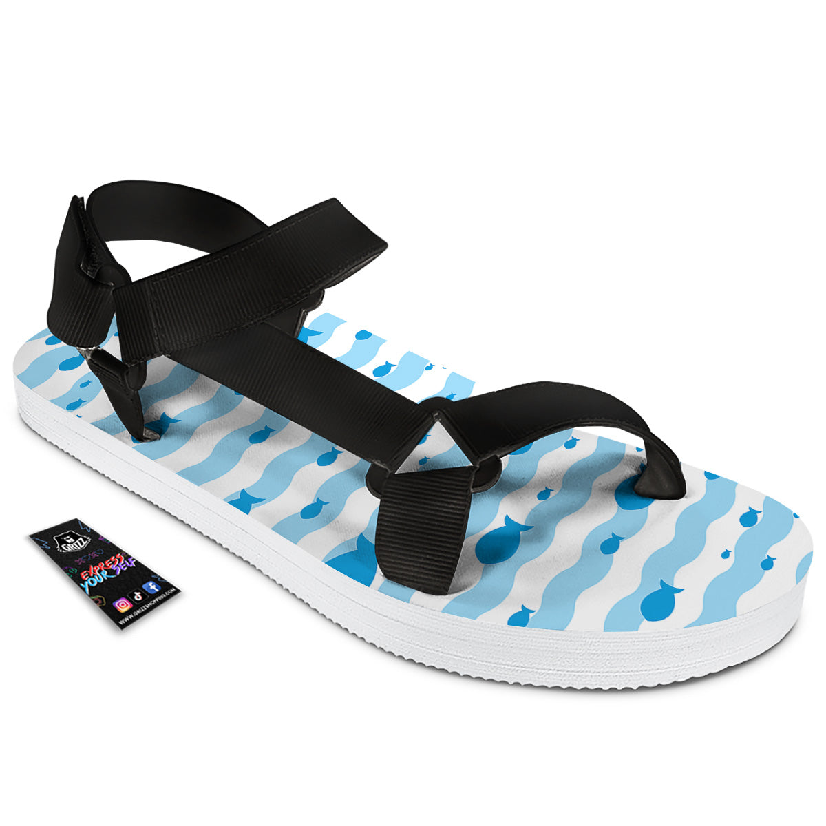Fish Swimming In Blue Sea Print Pattern Black Open Toe Sandals-grizzshop