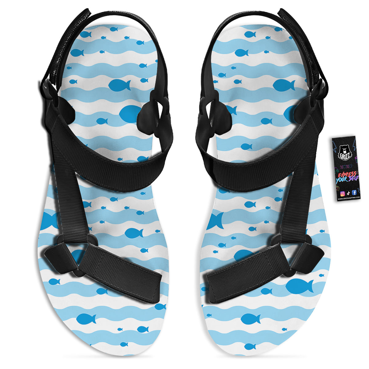 Fish Swimming In Blue Sea Print Pattern Black Open Toe Sandals-grizzshop