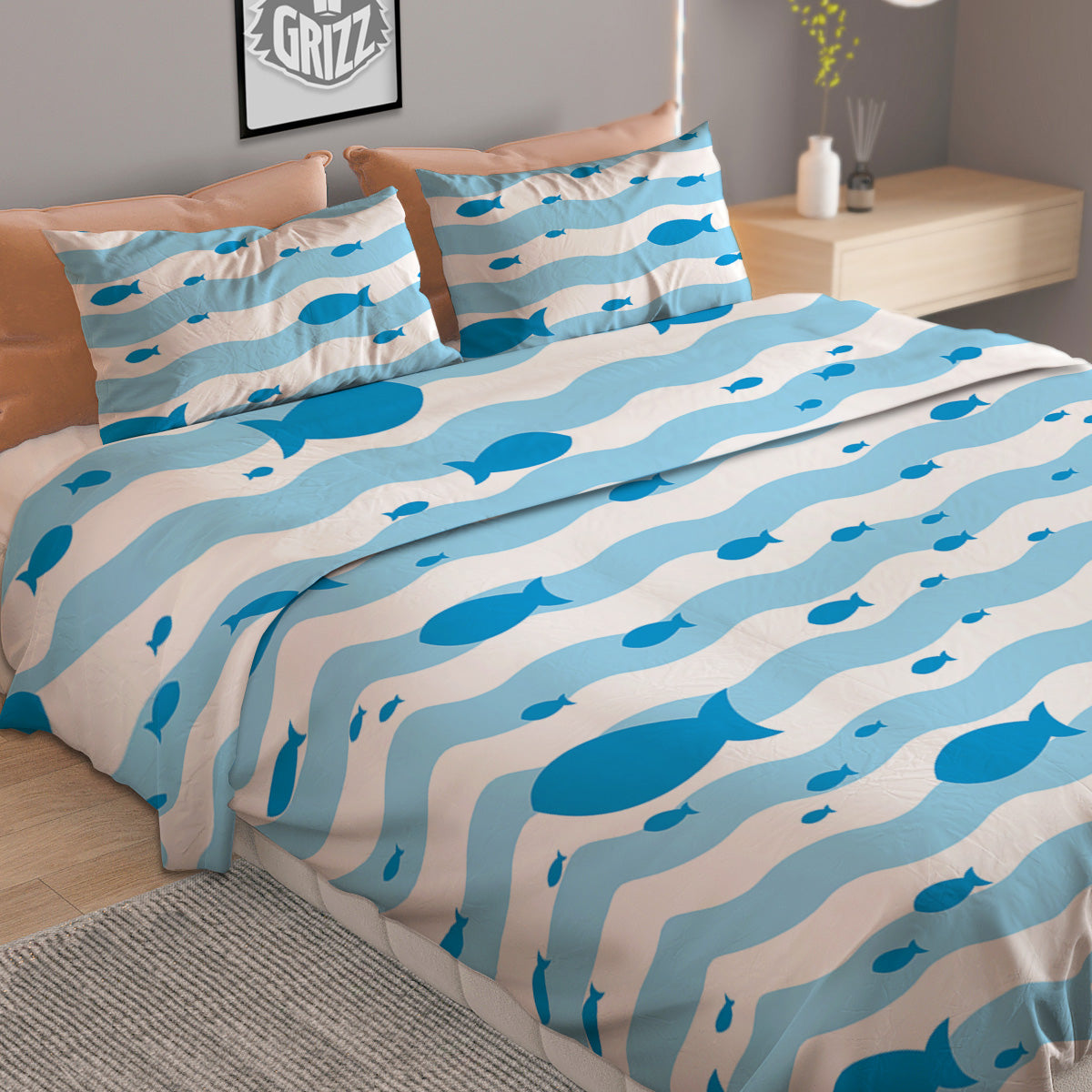 Fish Swimming In Blue Sea Print Pattern Duvet Cover Bedding Set