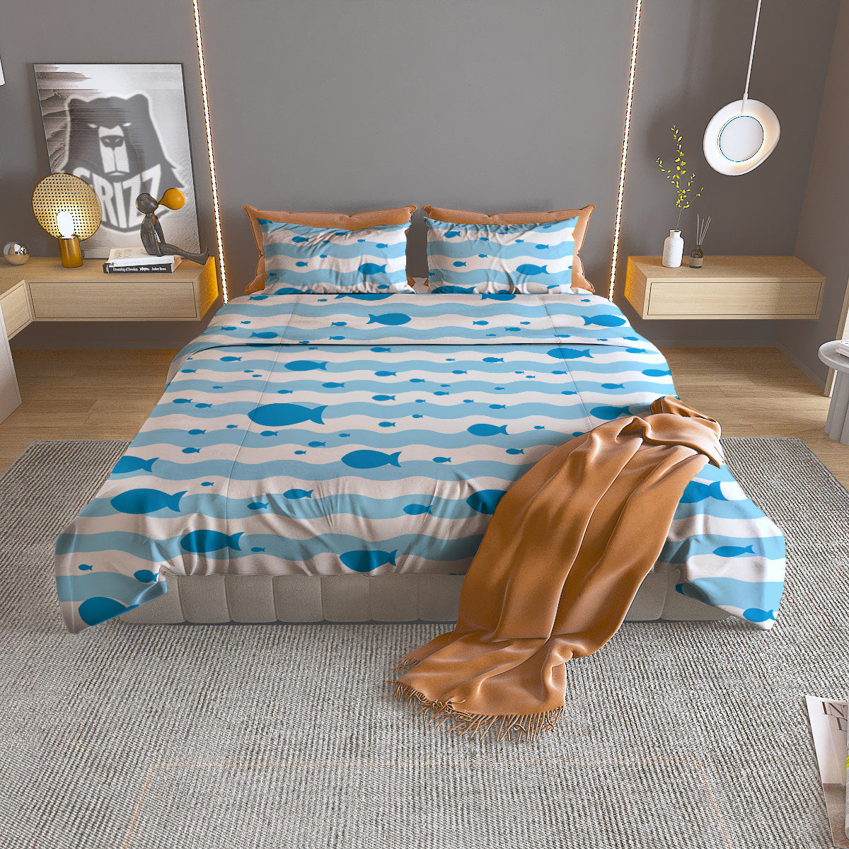 Fish Swimming In Blue Sea Print Pattern Duvet Cover Bedding Set