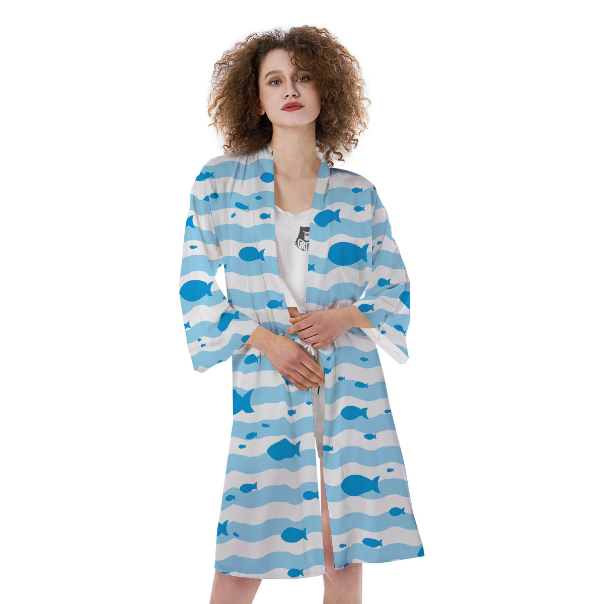 Fish Swimming In Blue Sea Print Pattern Kimono-grizzshop