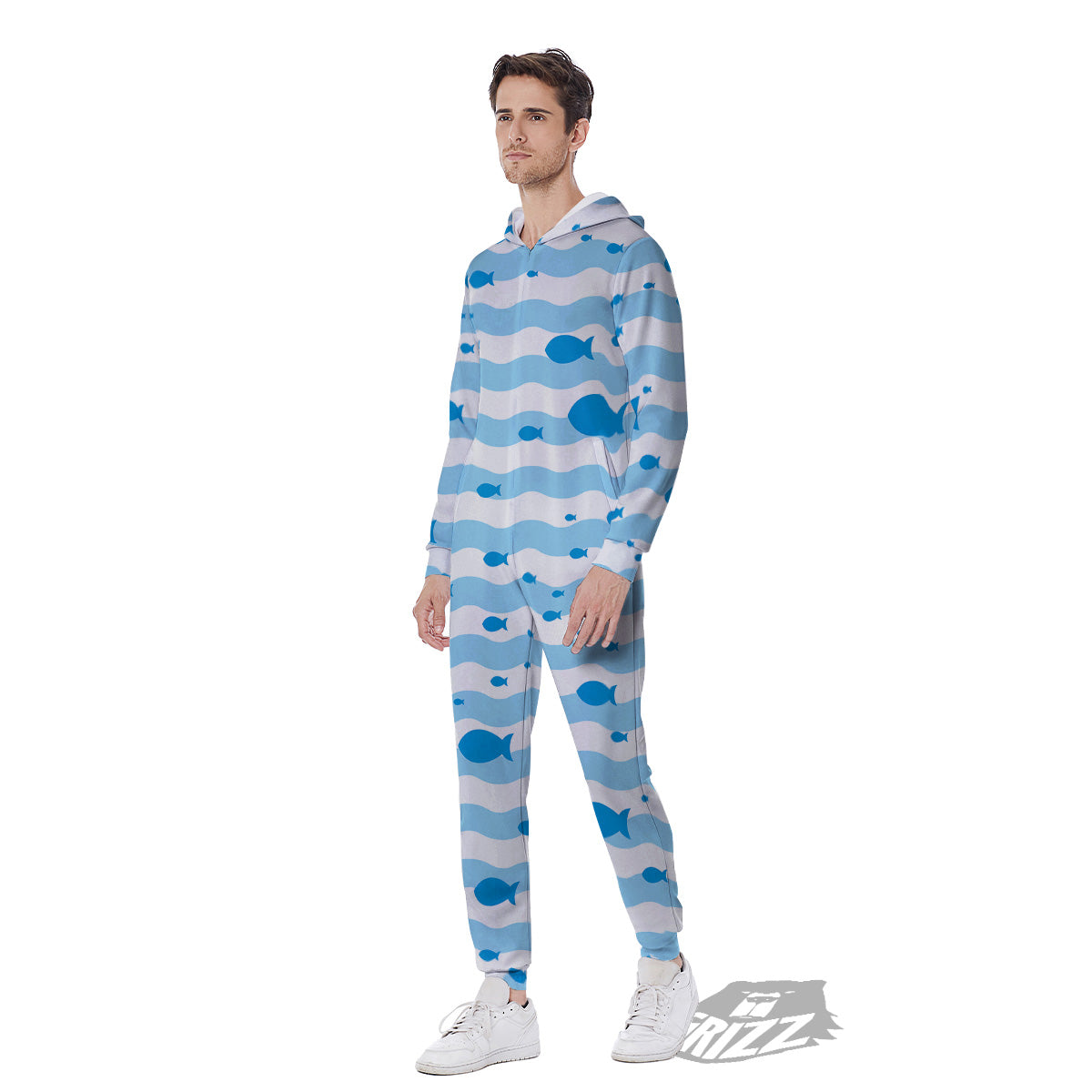 Fish Swimming In Blue Sea Print Pattern Men's Jumpsuit-grizzshop