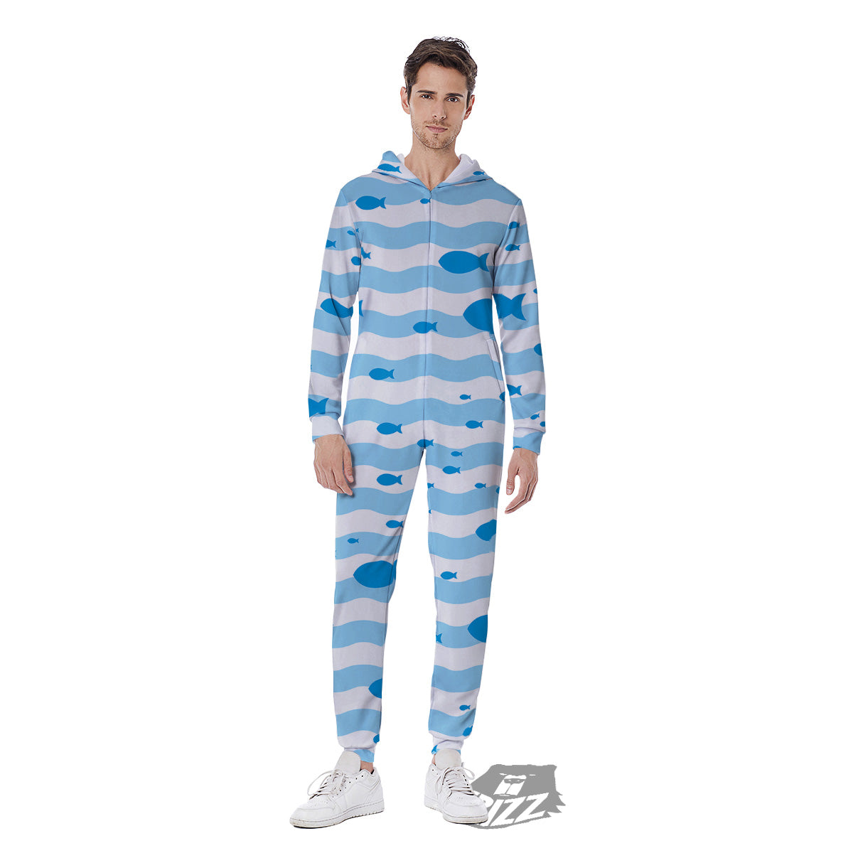 Fish Swimming In Blue Sea Print Pattern Men's Jumpsuit-grizzshop