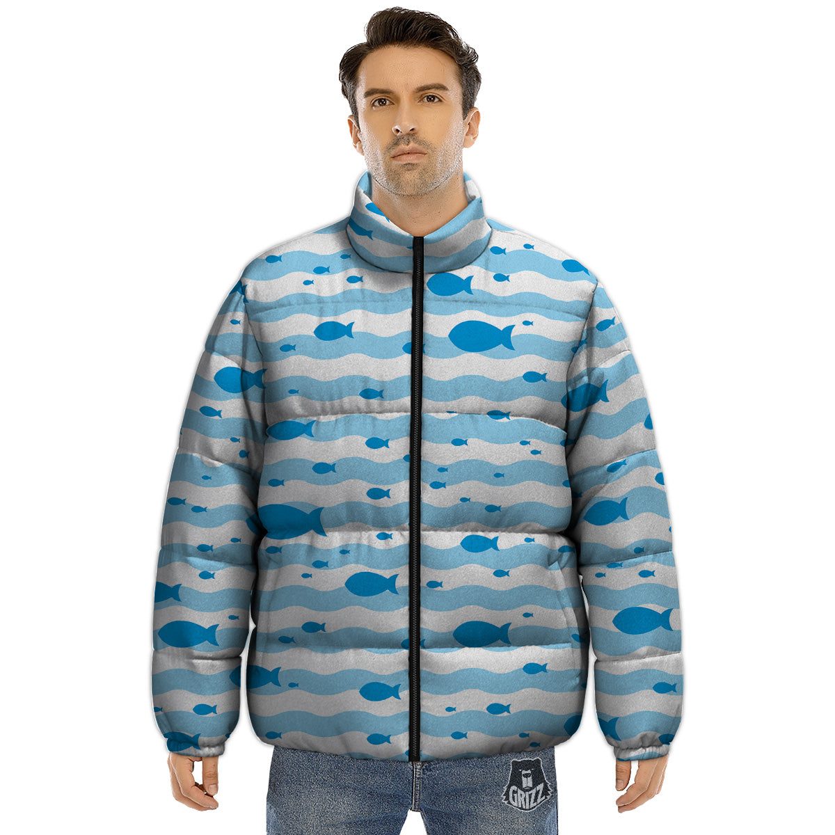 Fish Swimming In Blue Sea Print Pattern Puffer Jacket-grizzshop