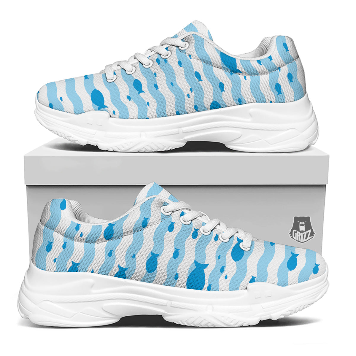 Fish Swimming In Blue Sea Print Pattern White Chunky Shoes-grizzshop