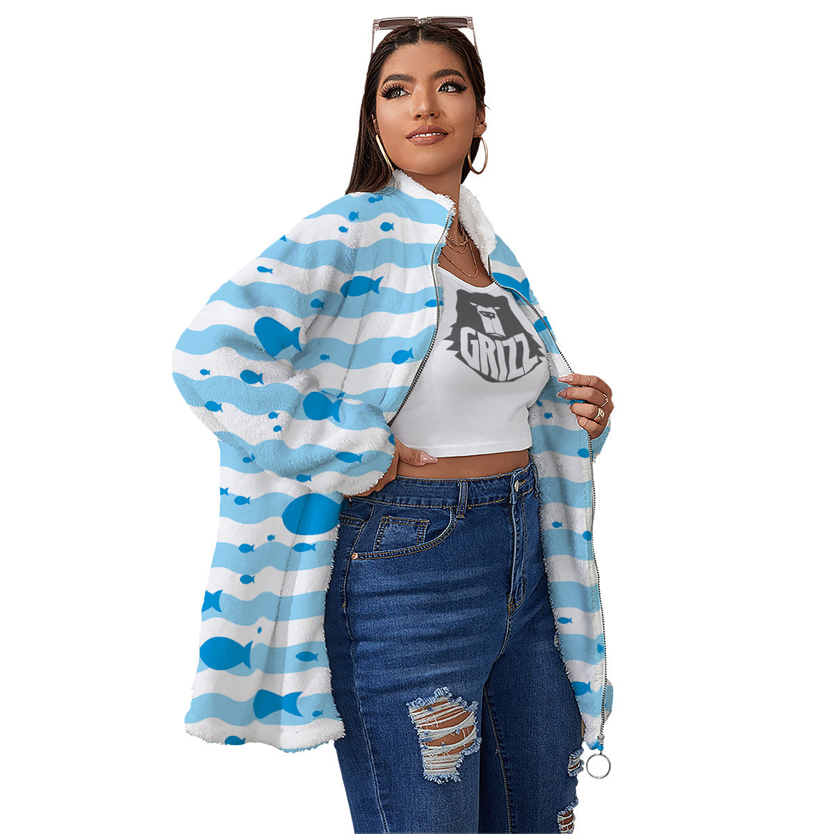 Fish Swimming In Blue Sea Print Pattern Women's Sherpa Jacket-grizzshop