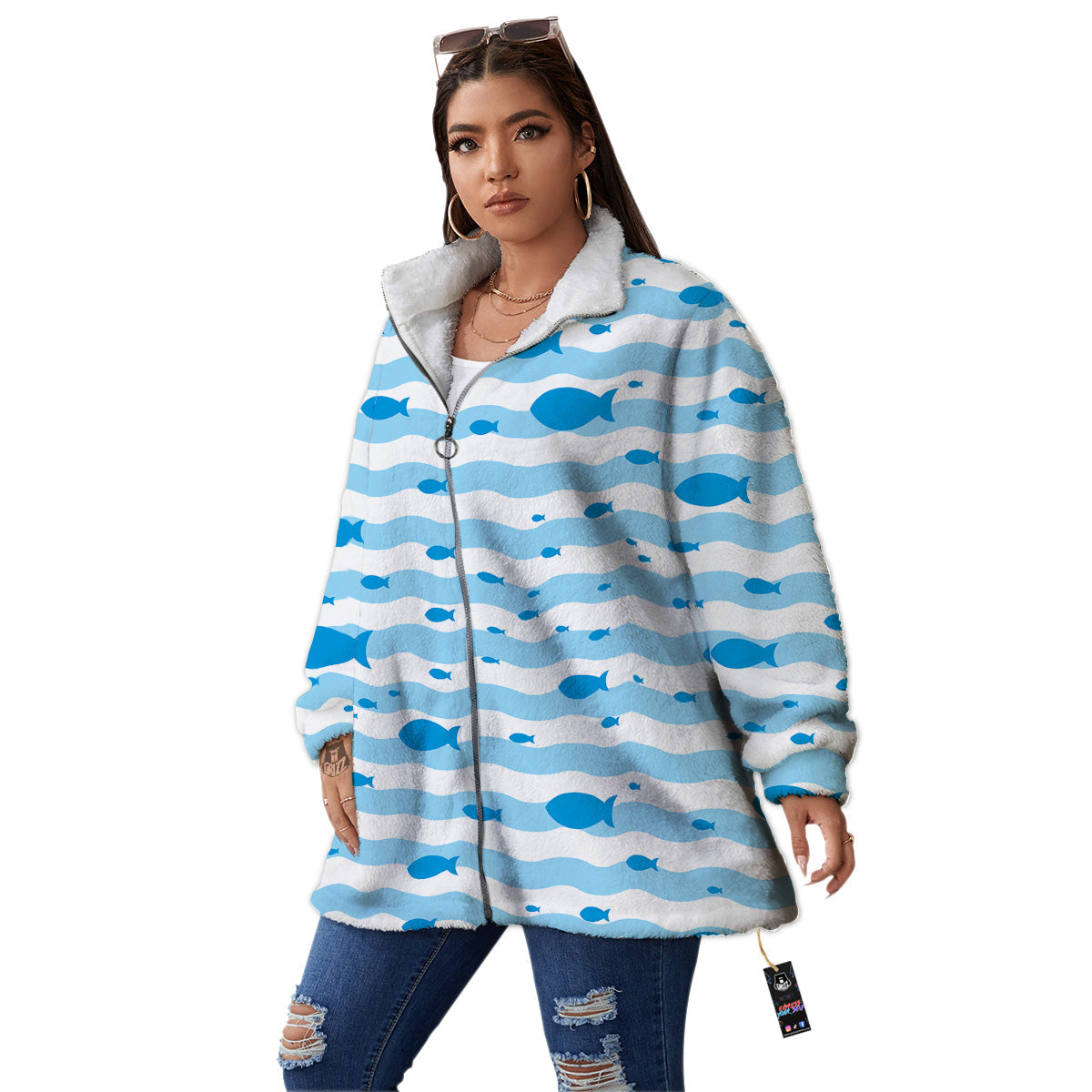 Fish Swimming In Blue Sea Print Pattern Women's Sherpa Jacket-grizzshop
