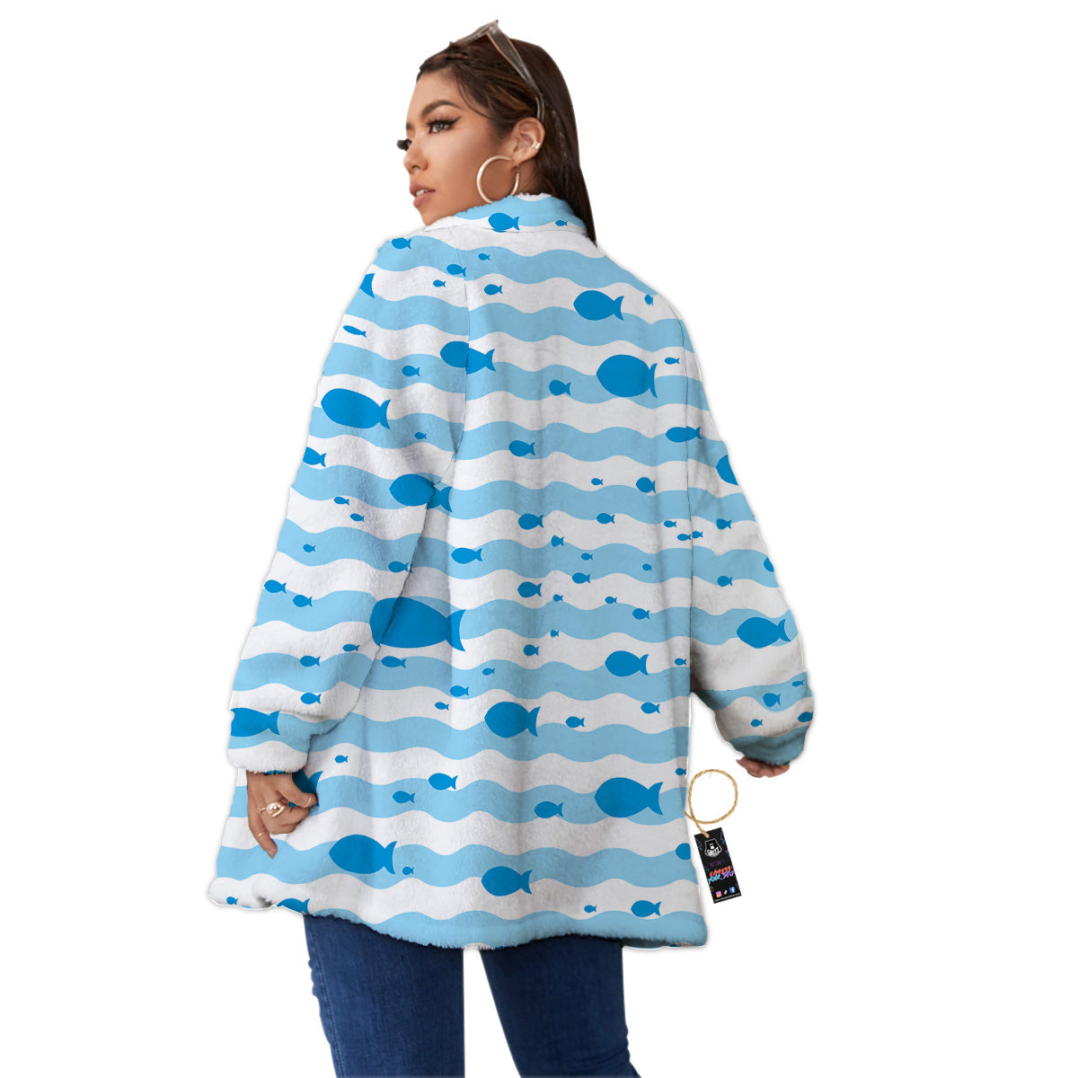 Fish Swimming In Blue Sea Print Pattern Women's Sherpa Jacket-grizzshop