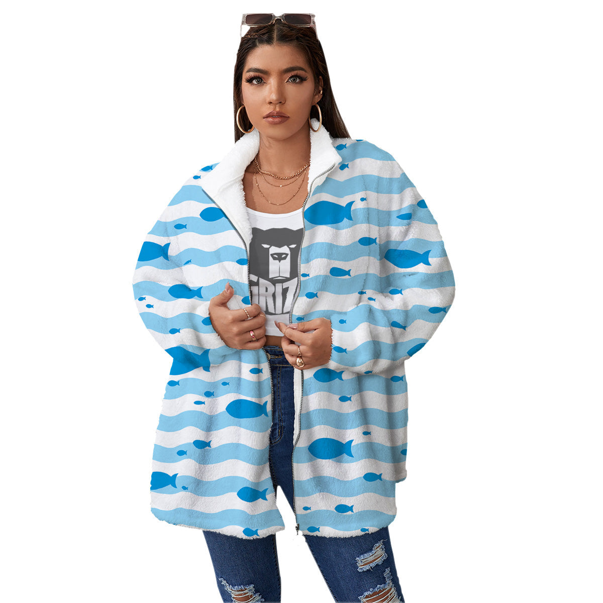 Fish Swimming In Blue Sea Print Pattern Women's Sherpa Jacket-grizzshop