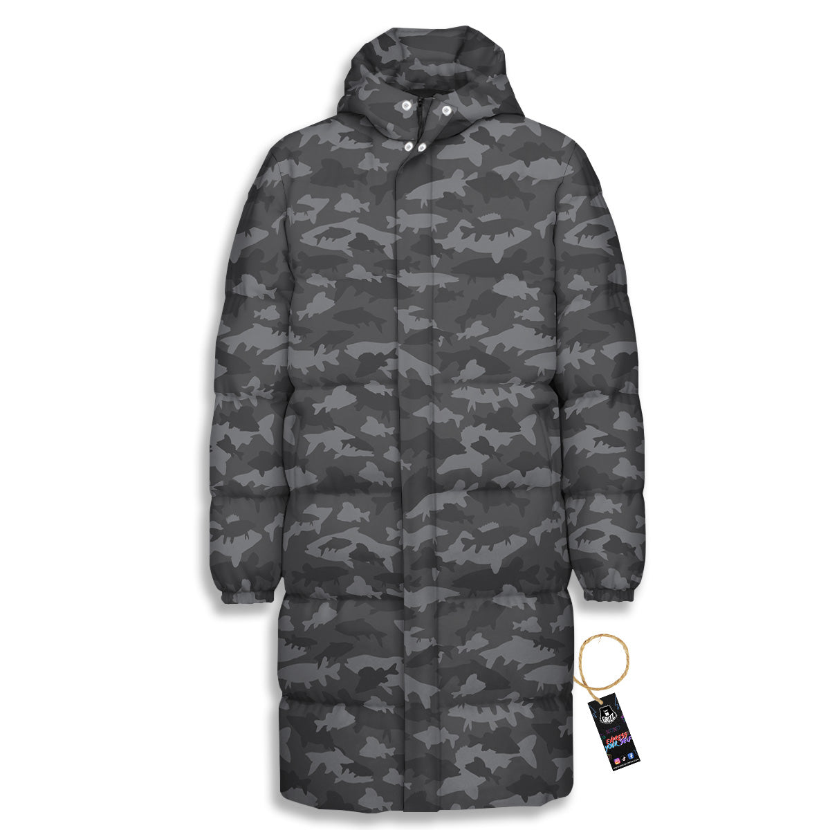 Fish Camouflage Grey Print Pattern Long Down Jacket